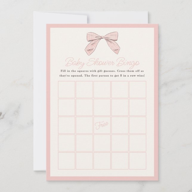 Classic Pink Bow Baby Shower Game Bingo Card (Front)