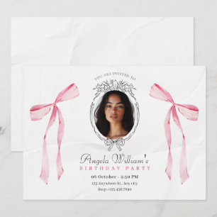 Classic pink bow elegant photo birthday invitation