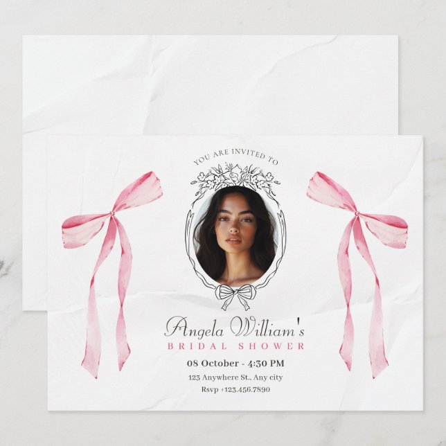 Classic pink bow elegant photo Bridal shower Invitation (Front/Back)