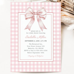 Classic Pink Bow Gingham Girl Baby Shower Invitation