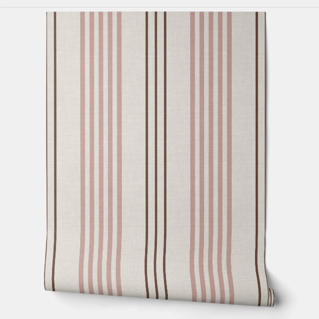 Classic Pink Brown Ticking Stripe Pattern Wallpaper (Unrolling)