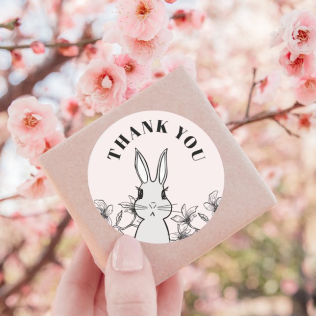 Classic Pink Bunny Floral Thank You Classic Round Sticker (Creator Uploaded)
