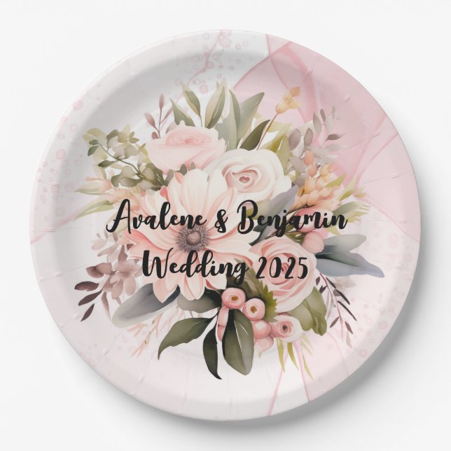 Classic Pink Floral Alcohol Ink Wedding Paper Plate (Front)