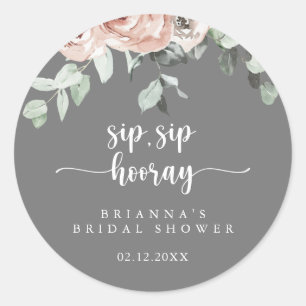 Classic Pink Floral Sip Sip Hooray Bridal Shower Round Sticker