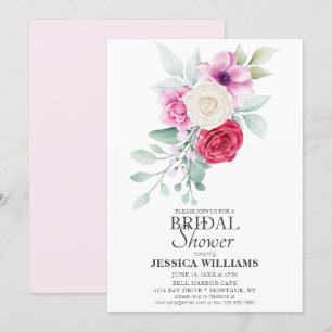 Classic Pink Flowers & Rose Bouquet Bridal Shower Invitation