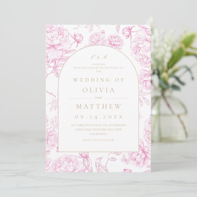 Classic Pink French Floral Wedding  Invitation (Standing Front)