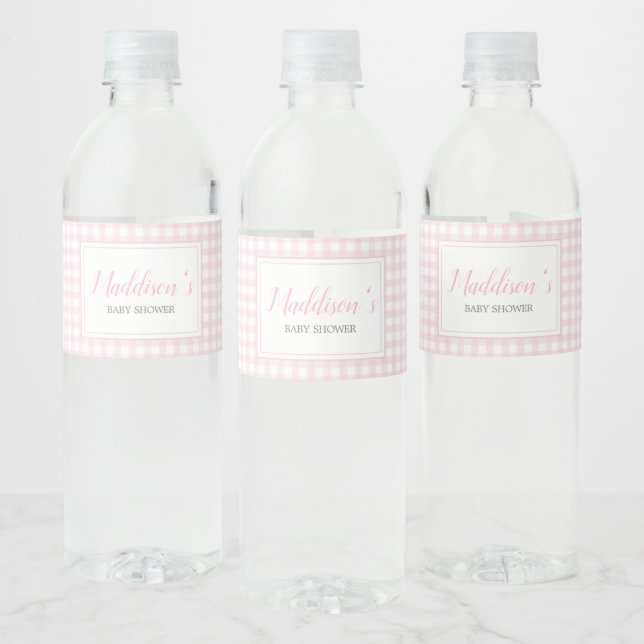 Classic Pink Gingham Baby Shower  Water Bottle Label (Bottles)
