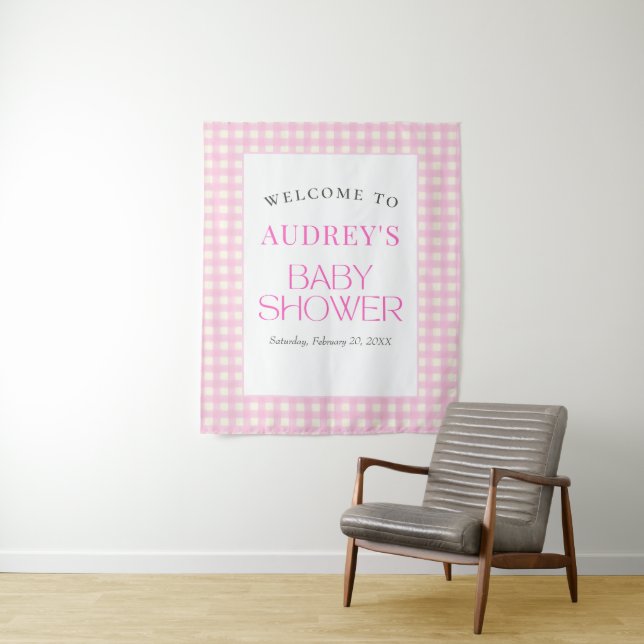 Classic Pink Gingham Girl Baby Shower Backdrop Tapestry (In Situ)