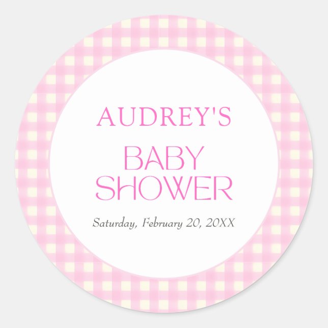 Classic Pink Gingham Girl Baby Shower Classic Round Sticker (Front)