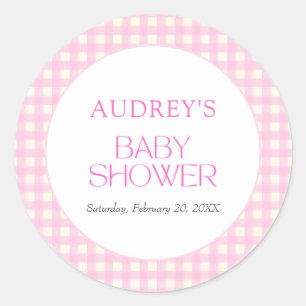 Classic Pink Gingham Girl Baby Shower Round Sticker