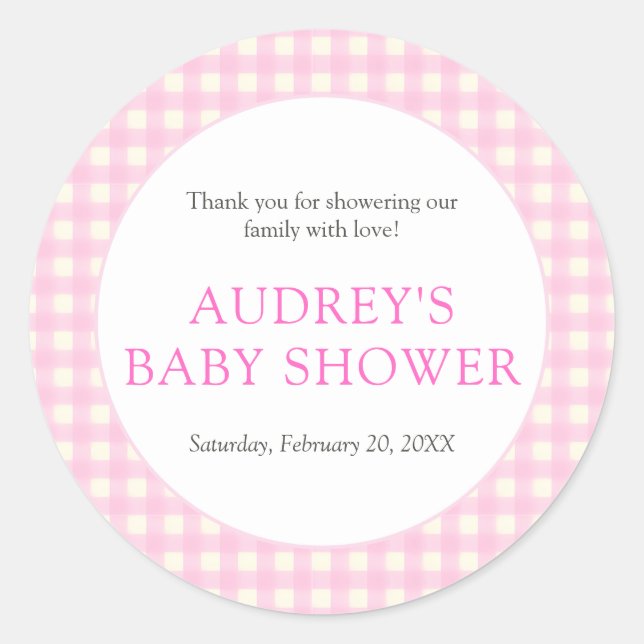 Classic Pink Gingham Girl Baby Shower Round Sticker (Front)