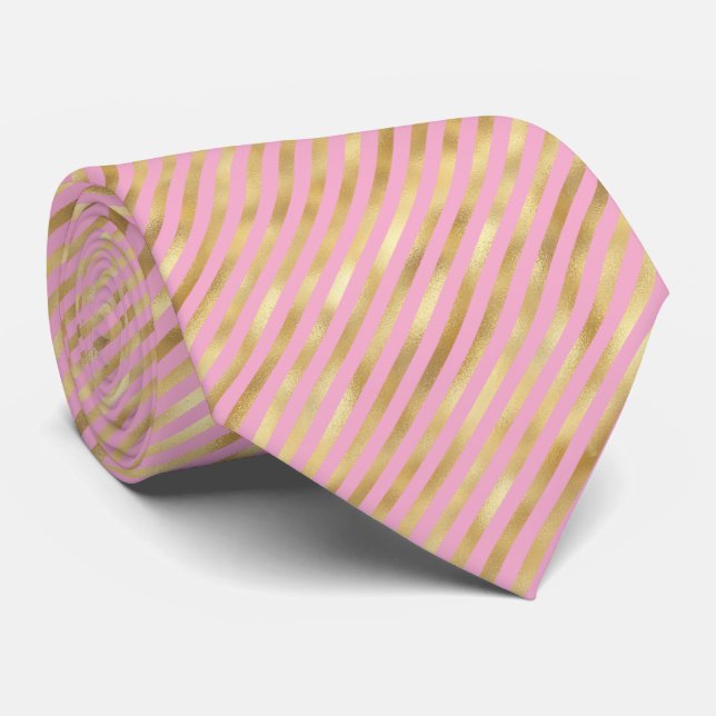 Classic Pink Gold Diagonal Stripe Illustration Tie (Rolled)