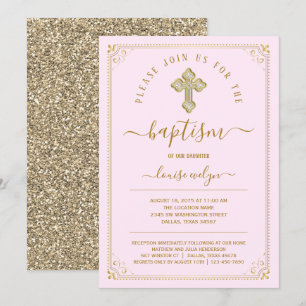 Classic Pink Gold Girl Baptism Invitation