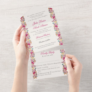 Classic Pink Green Yellow Floral Swan Bird Wedding All In One Invitation