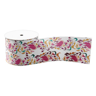 Classic Pink Green Yellow Floral Swan Bird Wedding Grosgrain Ribbon