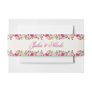 Classic Pink Green Yellow Floral Swan Bird Wedding Invitation Belly Band
