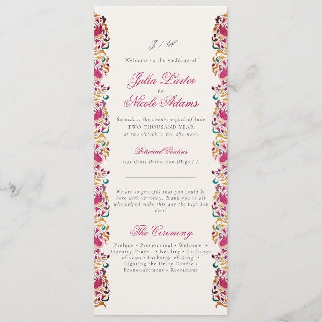 Classic Pink Green Yellow Floral Swan Bird Wedding Program (Front)