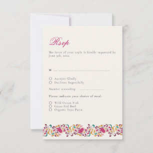 Classic Pink Green Yellow Floral Swan Bird Wedding RSVP Card