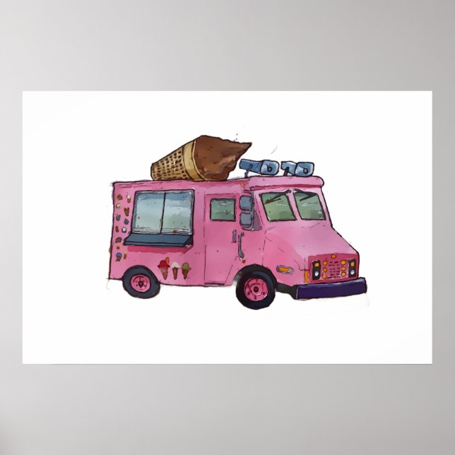 Classic pink ice cream truck with cone on top poster (Front)