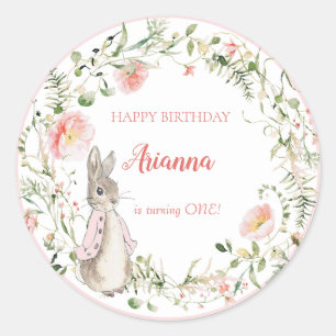 Classic Pink Peter the Rabbit Floral Birthday Classic Round Sticker