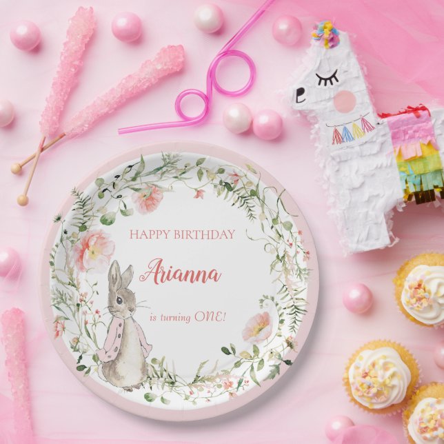 Classic Pink Peter the Rabbit Floral Birthday Paper Plate (Party)