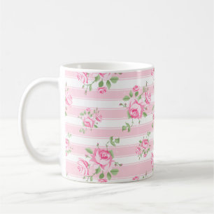 Classic Pink Rose and Stripe Cottage Core Coffee Mug