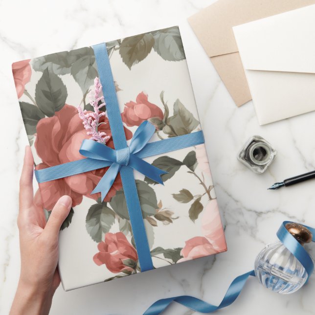 Classic Pink Rose Cream Floral Pattern Wrapping Paper (Gifting)