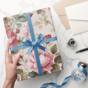 Classic Pink Rose Cream Floral Pattern Wrapping Paper