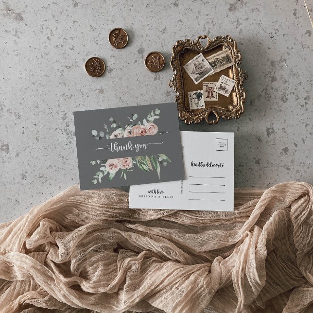 Classic Pink Rose Floral Grey Thank You   Postcard (Creator Uploaded)