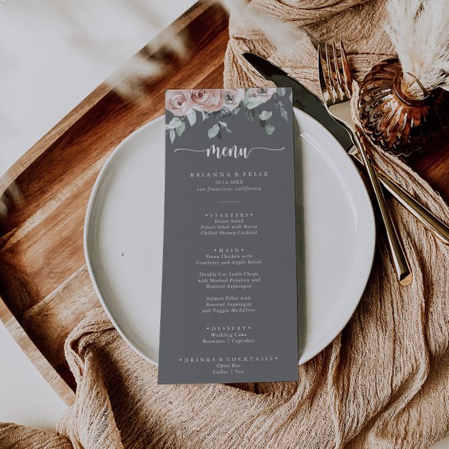 Classic Pink Rose Floral Grey Wedding Dinner  Menu (Creator Uploaded)
