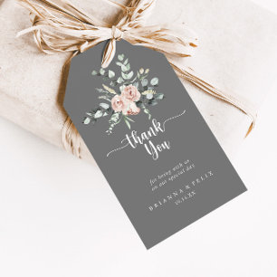 Classic Pink Rose Floral Grey Wedding Thank You   Gift Tags