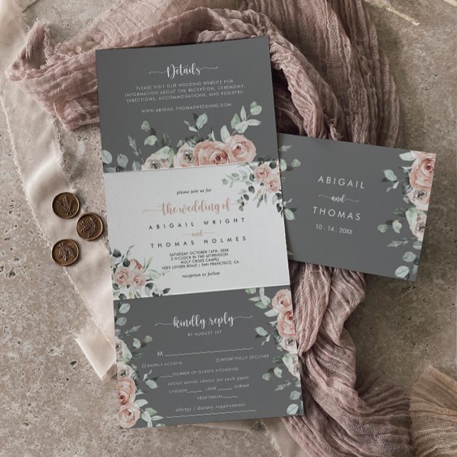 Classic Pink Rose Floral Grey Wedding  Tri-Fold Invitation (Creator Uploaded)