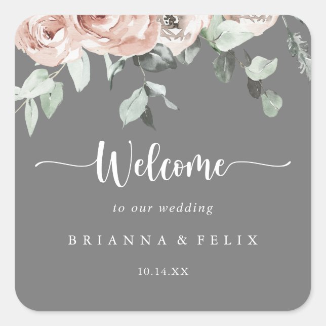 Classic Pink Rose Floral Grey Wedding Welcome  Square Sticker (Front)