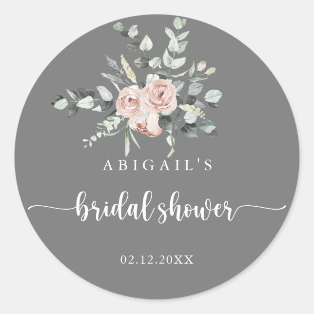 Classic Pink Rose Grey Bridal Shower Favour    Round Sticker (Front)