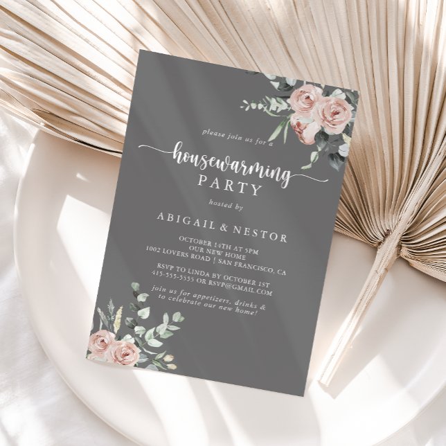 Classic Pink Rose Grey Housewarming Party  Invitation (Creator Uploaded)