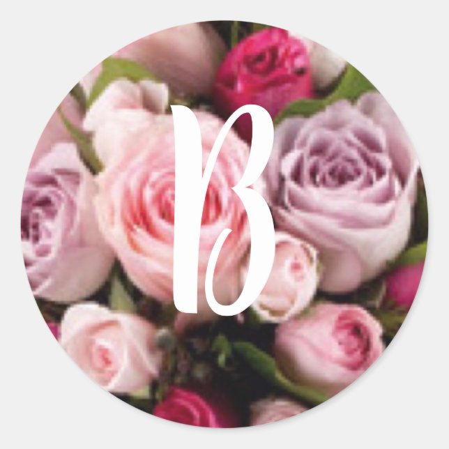 Classic Pink Rose Monogram Wedding Design Classic Round Sticker (Front)