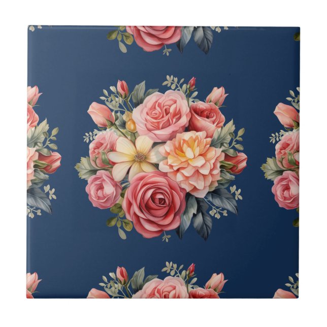Classic Pink Roses Floral on a Blue Background Tile (Front)