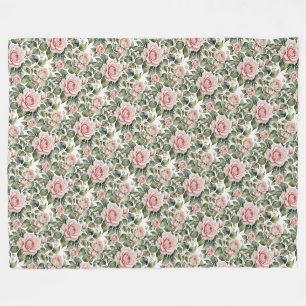 Classic Pink Roses & Sage Leaves Fleece Blanket