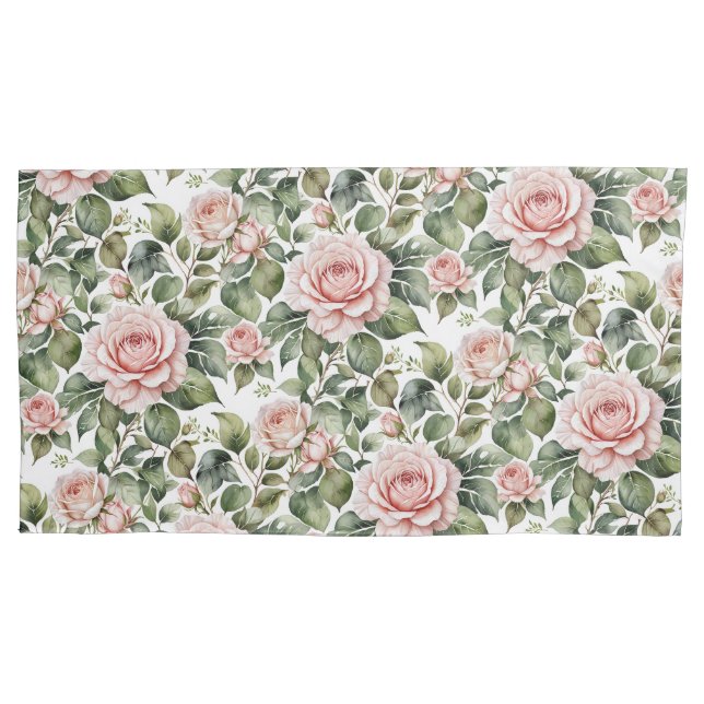 Classic Pink Roses & Sage Leaves Pillowcase (Front)
