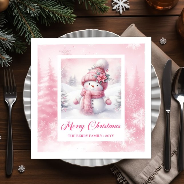 Classic Pink Snowman Christmas Scene Napkins Kids (Classic Pink Snowman Christmas Scene Napkins Winter Kids)