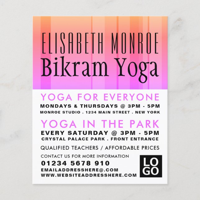 Classic Pink Striped Bikram Yoga Class Advertising Flyer (Front)