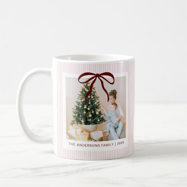Classic Pink Stripes Red Bow Christmas Coffee Mug (Left)