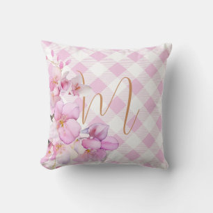 Classic pink white gingham floral monogram throw pillow