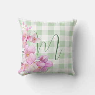 Classic pink white gingham floral monogram throw pillow