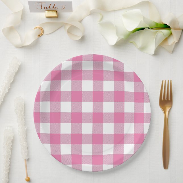 Classic Pink & White Gingham Summer Picnic Paper Plate (Wedding)