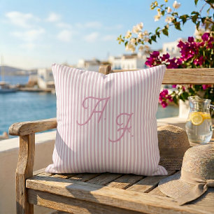 Classic Pink White Stripe Coastal Monogram Throw Pillow