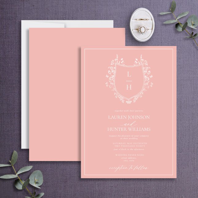 Classic Pink Wildflower Monogram Crest Wedding Invitation (Creator Uploaded)