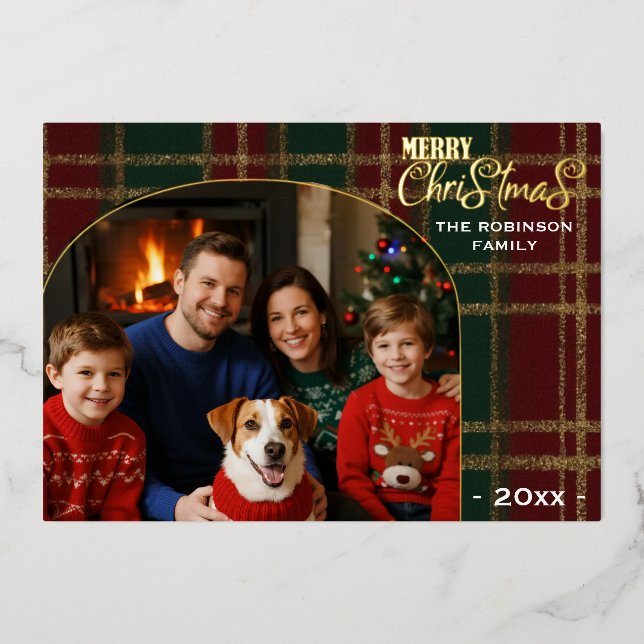 Classic Plaid Arch Photo Christmas Foil Card (Front)