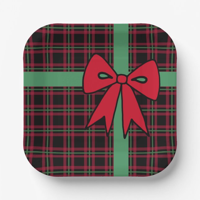 Classic Plaid Christmas Bow Paper Plates  (Front)