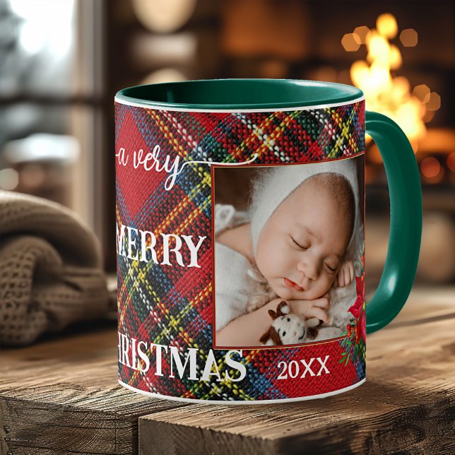 Classic Plaid Christmas Keepsake Photo Mug (Classic mug featuring your own custom photos framed by a plaid pattern with Christmas flowers)